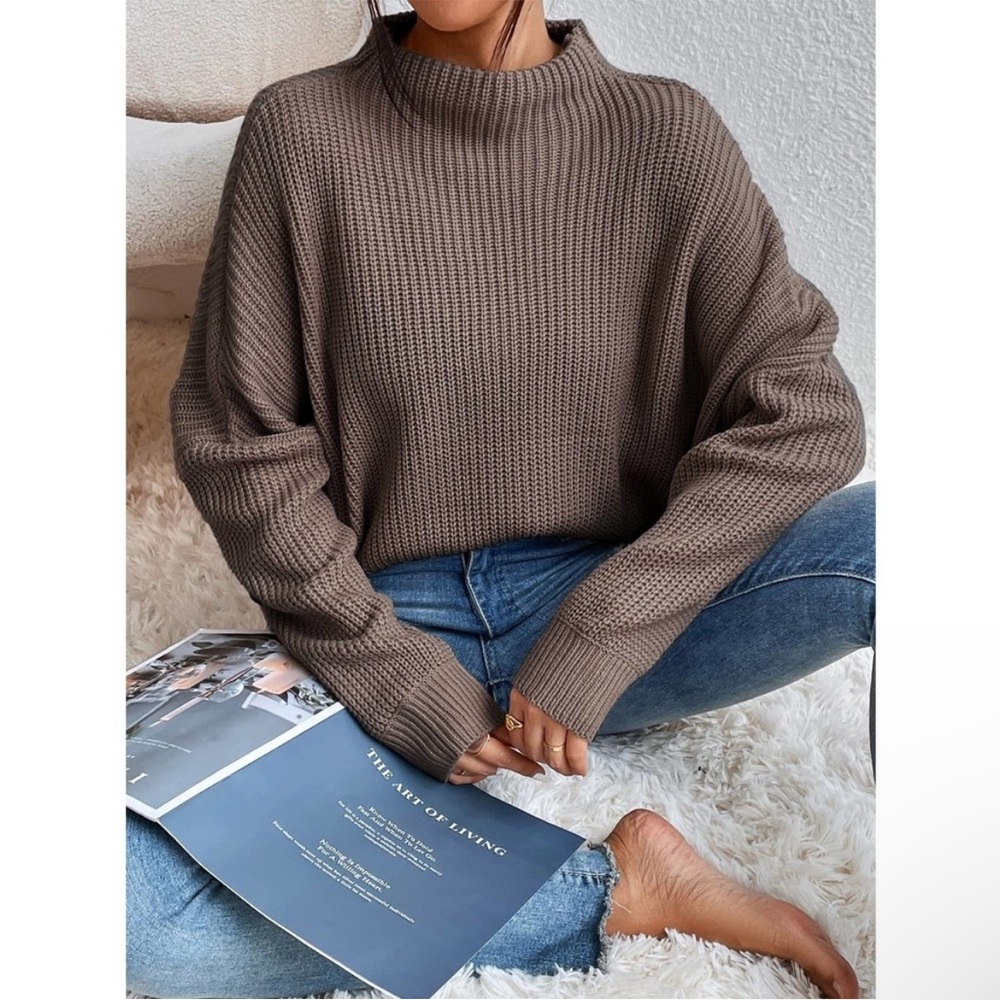 Casual Oversized Mock Neck Ribbed Knit Batwing Sleeve Sweater brown - Picture 1 of 6